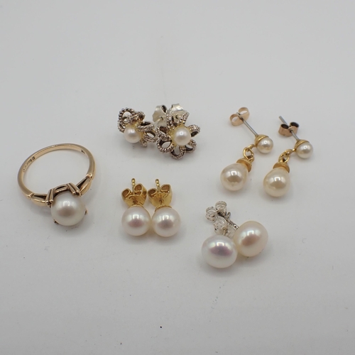 171 - A Cultured Pearl Ring in 9ct gold, ring size K, three pairs of Cultured Pearl Ear Studs and a pair o... 