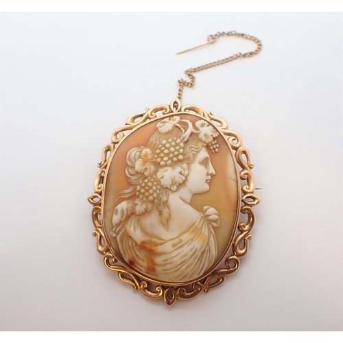 191 - A carved shell Cameo Brooch of classical bust in profile with fruiting vine to hair in openwork gold... 