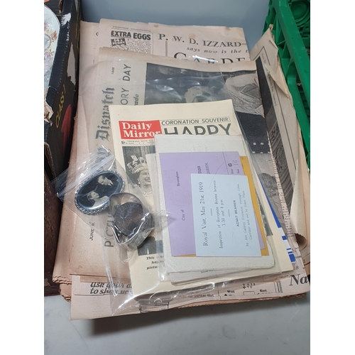 217 - Two boxes of Royal Memorabilia including, Spoons, Tins, Newspapers, Paperwork, etc. (R9).