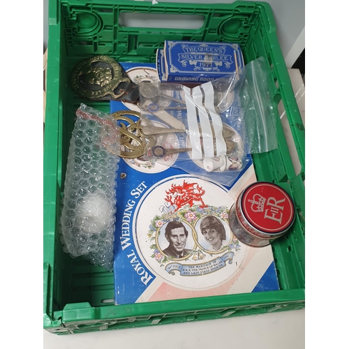 217 - Two boxes of Royal Memorabilia including, Spoons, Tins, Newspapers, Paperwork, etc. (R9).