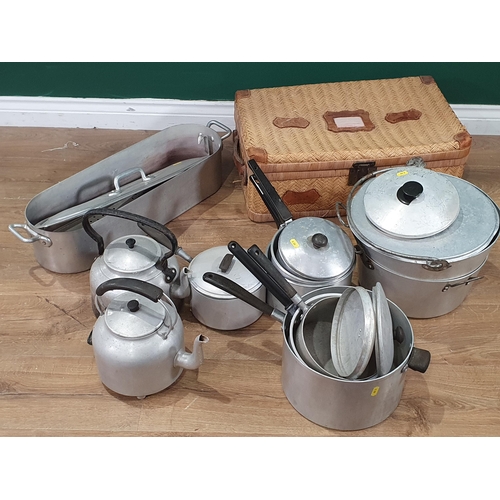 226 - A box and a basket of Pots and Pans including a covered Fish Kettle (R10)