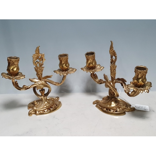 237 - A pair of two branch gilt metal Candelabrum with leaf and branch designs and a small pair of brass c... 