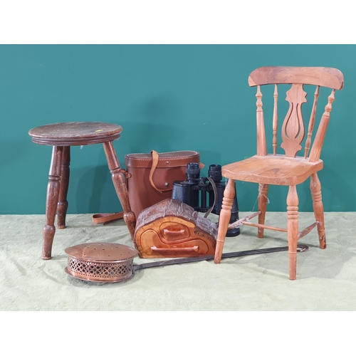 273 - A doll's splat back Chair, a three leg Stool, a Box made from a section of wood, a pair of Carl Koni... 