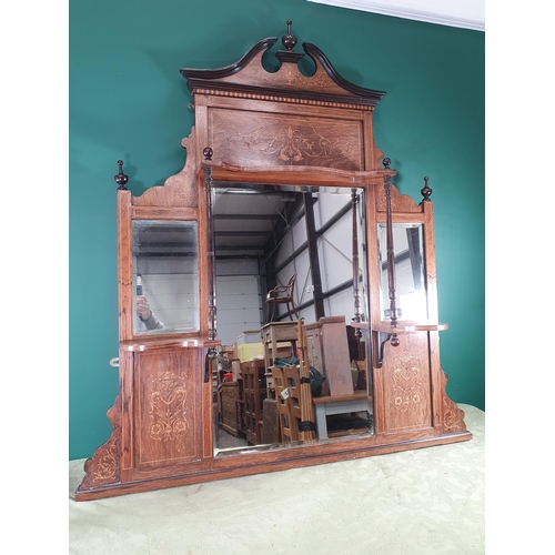 287 - An Edwardian rosewood Overmantel Mirror with broken pediment above an inlaid frieze and with bevelle... 