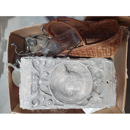 354 - Two boxes of assorted Ceramics and Household items including, Toddy Ladle, a plaster Plaque, wicker ... 