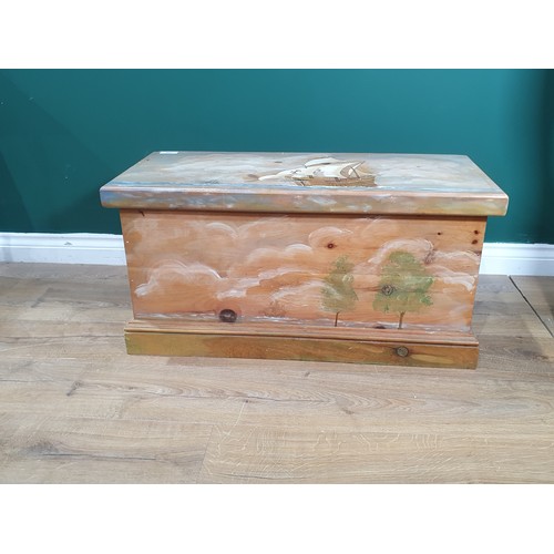 271 - A painted pine Box with designs of sailing ship and landscapes, 2ft 8in w