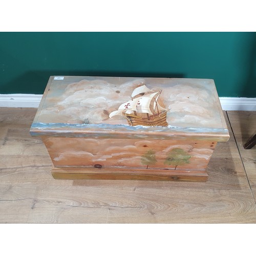 271 - A painted pine Box with designs of sailing ship and landscapes, 2ft 8in w