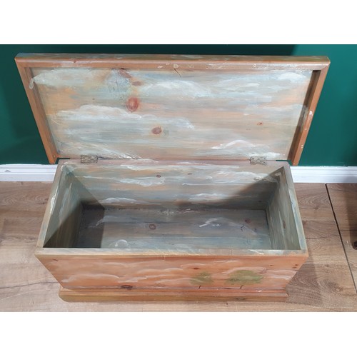 271 - A painted pine Box with designs of sailing ship and landscapes, 2ft 8in w