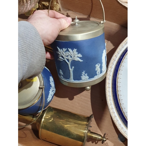 364 - Three Wedgwood lidded Biscuit Barrels, a small brass Oil Lamp with spiral glass reservoir, a Meat Ja... 