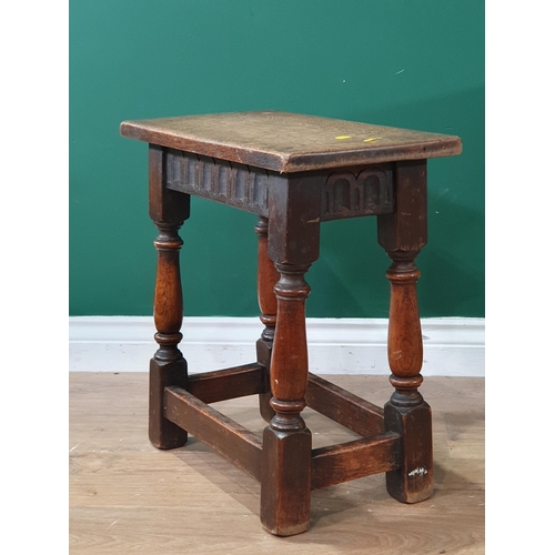 42 - Two oak Joint Stools with carved friezes on turned supports, largest 1ft 11in High x 1ft 6in Wide. (... 