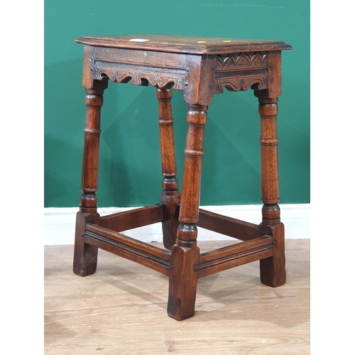 42 - Two oak Joint Stools with carved friezes on turned supports, largest 1ft 11in High x 1ft 6in Wide. (... 