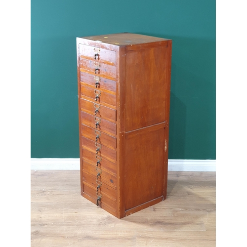 456 - A vintage pine twelve drawer Filing Unit with brass drop handles, 3ft 11