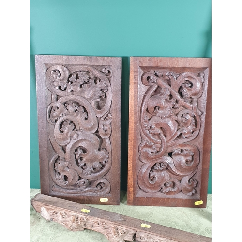 49 - A pair of carved oak Panels, 18 x 10in and five pieces of carving (R10)