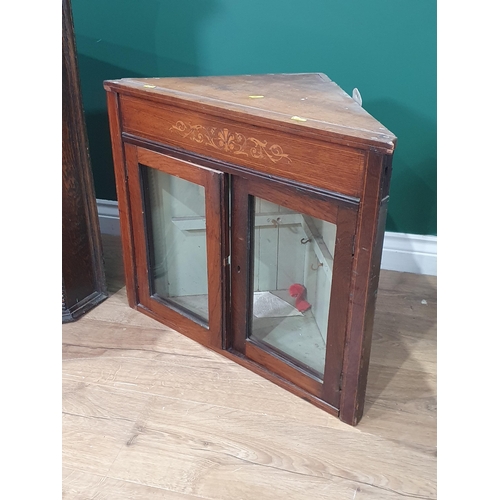 498 - An oak Hanging Corner Cupboard with carved frieze above single panel door, 2ft 7