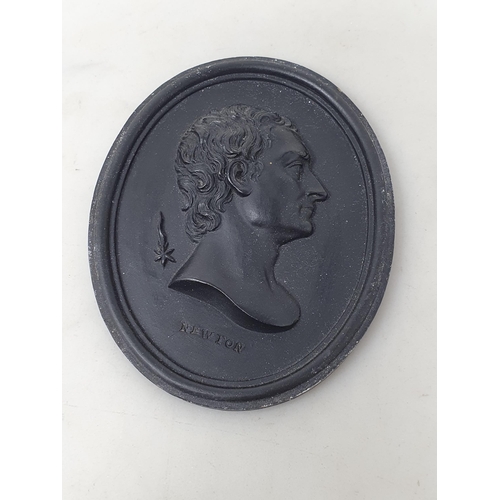 52 - A Wedgwood & Bentley black basalt oval Bust Portrait of Newton, 3 x 2 1/2in, impressed mark and titl... 