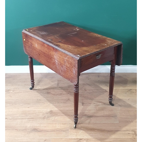 521 - A mahogany Pembroke Table with single fitted drawer, raised on turned tapered supports and brass cas... 