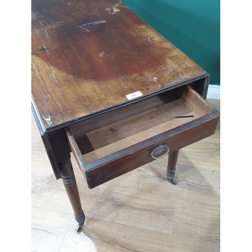 521 - A mahogany Pembroke Table with single fitted drawer, raised on turned tapered supports and brass cas... 