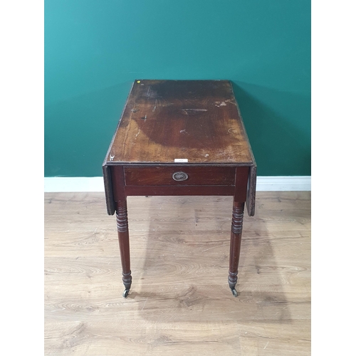 521 - A mahogany Pembroke Table with single fitted drawer, raised on turned tapered supports and brass cas... 