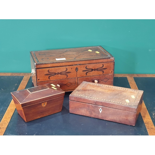 552 - An antique mahogany Work Box with two fitted drawers with satinwood stringing decoration, a pair of ... 