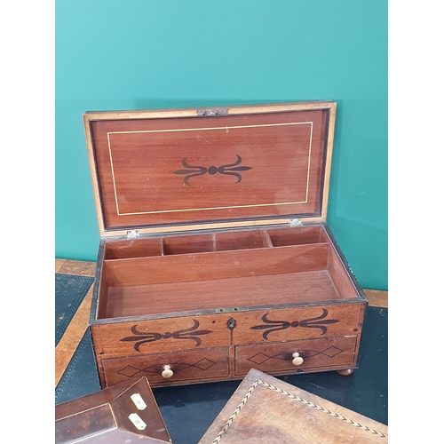 552 - An antique mahogany Work Box with two fitted drawers with satinwood stringing decoration, a pair of ... 