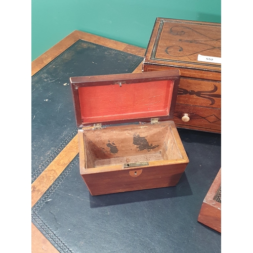 552 - An antique mahogany Work Box with two fitted drawers with satinwood stringing decoration, a pair of ... 