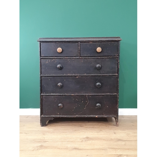 553 - A black painted pine Chest of two short over three long graduated Drawers on bracket feet, A/F, 3ft ... 