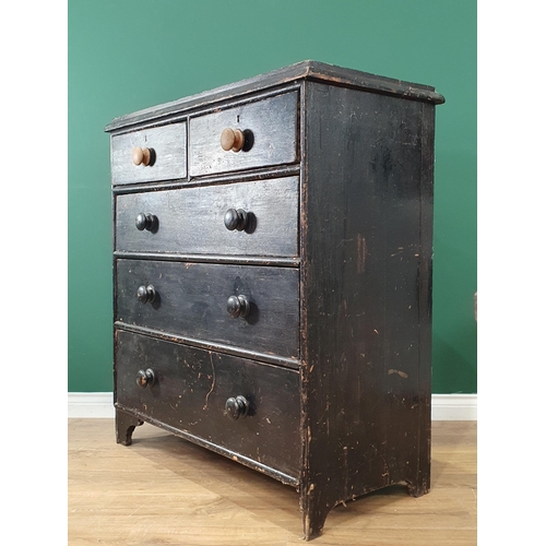 553 - A black painted pine Chest of two short over three long graduated Drawers on bracket feet, A/F, 3ft ... 