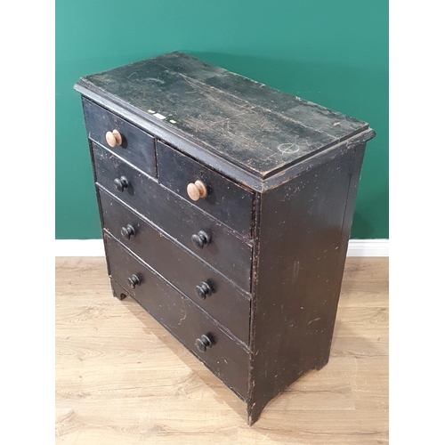 553 - A black painted pine Chest of two short over three long graduated Drawers on bracket feet, A/F, 3ft ... 