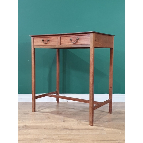 557 - A mahogany Side Table with two fitted drawers, raised on square supports and H stretcher A/F, 2ft 7