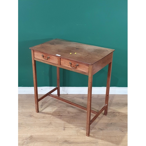 557 - A mahogany Side Table with two fitted drawers, raised on square supports and H stretcher A/F, 2ft 7