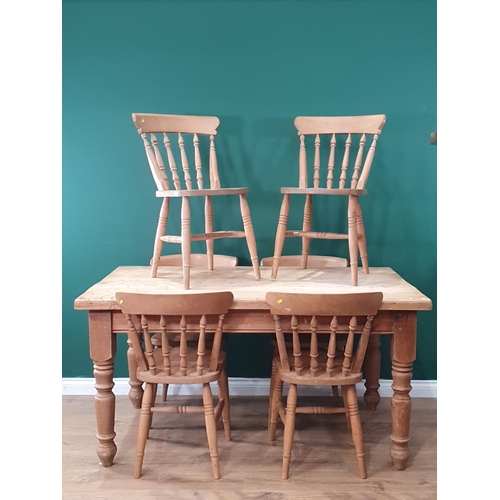 558 - A pine Kitchen Table with two fitted drawers on turned supports, 2ft 7