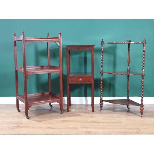 591 - A rosewood Corner Whatnot on turned supports and castors, 2ft 11