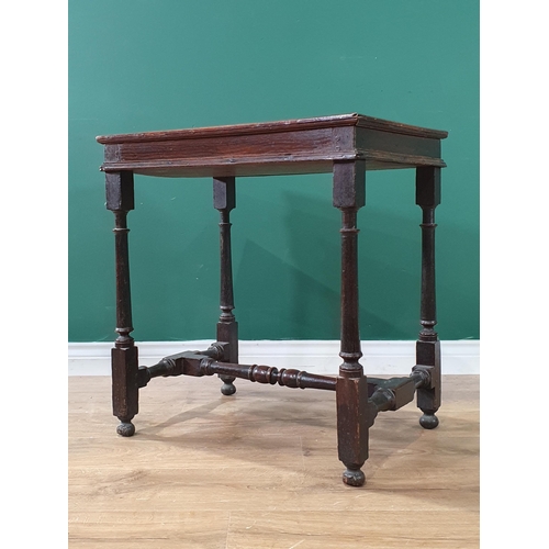 599 - An antique oak Side Table with later top, on turned and square supports and H stretcher and bun feet... 