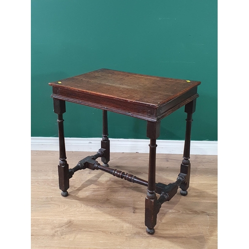 599 - An antique oak Side Table with later top, on turned and square supports and H stretcher and bun feet... 