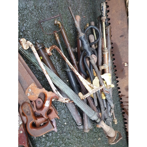 68 - A quantity of Wood Saws and a quantity of vintage Garden Sprayers