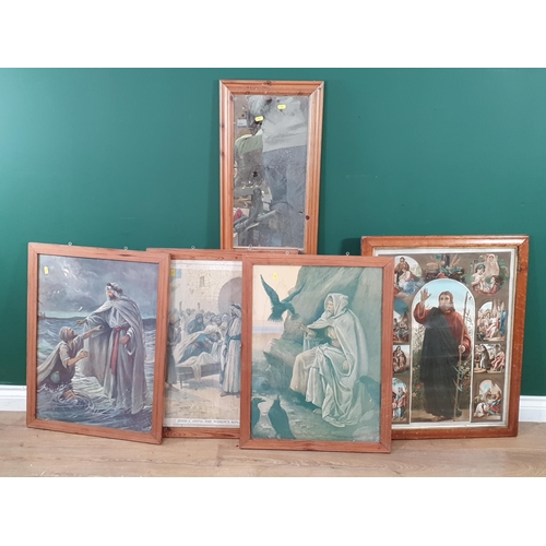 691 - A pine framed Mirror and a quantity of framed Religious prints (R10)