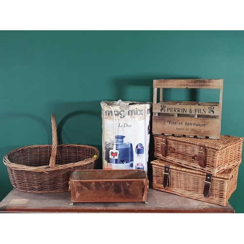 704 - A wicker Basket, two small wicker Pic-Nic Baskets, a copper Planter with lion mask handles, a modern... 