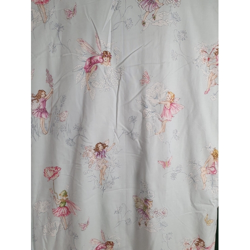 718 - A pair of pale blue/green Curtains with floral and fairy decorations, 7ft 9