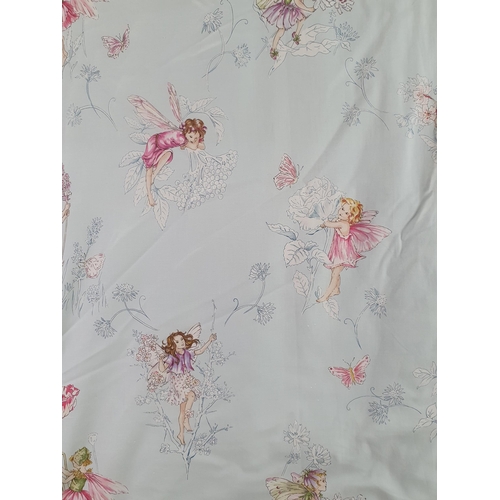 718 - A pair of pale blue/green Curtains with floral and fairy decorations, 7ft 9