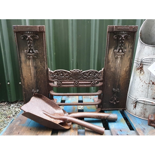 75 - A Fire Grate, a pair of cast iron Fire Dogs, two Shovels and a galvanised Coal Hod