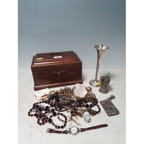 209 - A mahogany Tea Caddy containing silver Trumpet Vase, costume Jewellery etc