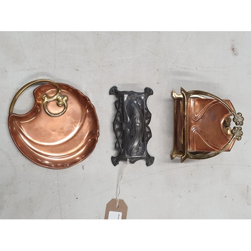 264 - A WMF Art Nouveau four division Stamp Box, a WMF copper and brass handled Dish, and a similar copper... 