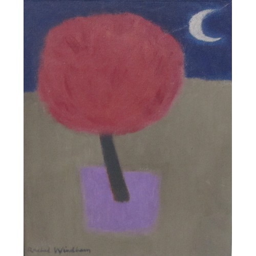 413 - RACHEL WYNDHAM. Tree and Moon (1989), signed, oil on board, 25 x 15 1/2 in