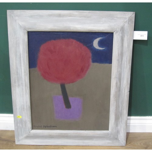 413 - RACHEL WYNDHAM. Tree and Moon (1989), signed, oil on board, 25 x 15 1/2 in