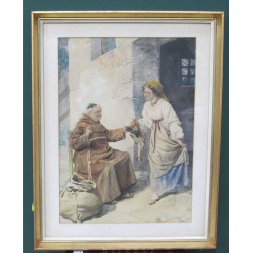 426 - GIACOMO MONTEGAZZA. 'Catching the Abbot's Eye', signed, watercolour, 13 1/2 x 9 1/2 in; a coloured w... 