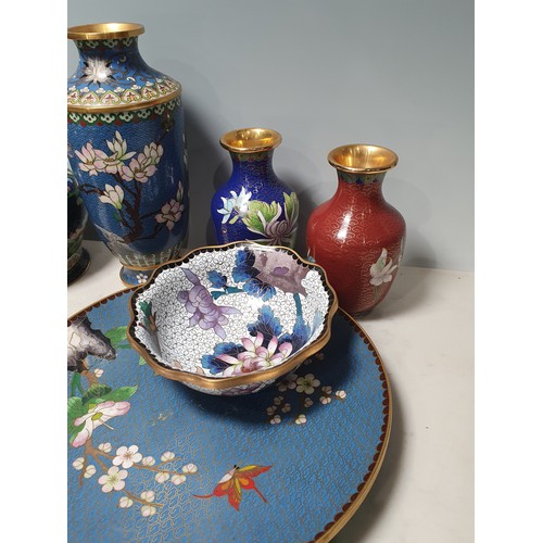 239 - A collection of Cloisonne items including, Vases, Ginger Jar, Jars and Covers, three Bowls and a Pla... 