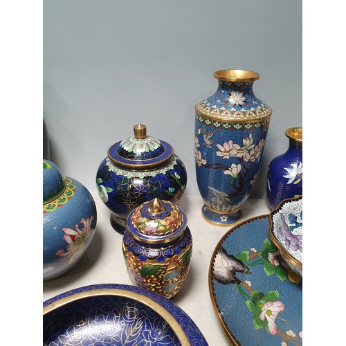 239 - A collection of Cloisonne items including, Vases, Ginger Jar, Jars and Covers, three Bowls and a Pla... 