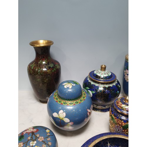 239 - A collection of Cloisonne items including, Vases, Ginger Jar, Jars and Covers, three Bowls and a Pla... 