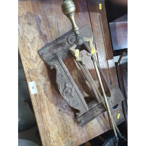 22 - A vintage oak School Desk, 2ft 8in High x 2ft Wide x 1ft 6in Deep, a Sundial an Iron, pair of brass ... 