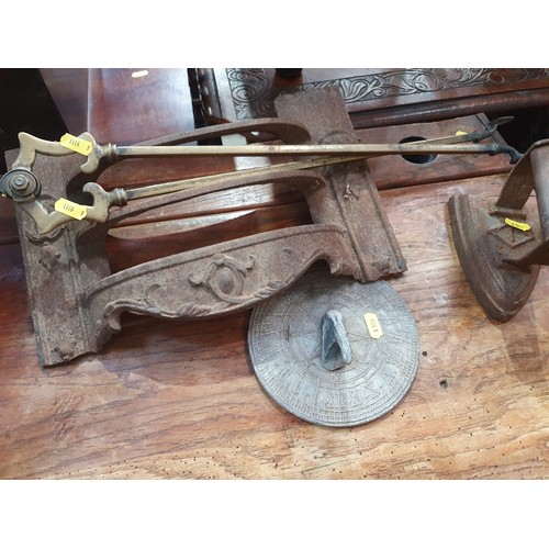 22 - A vintage oak School Desk, 2ft 8in High x 2ft Wide x 1ft 6in Deep, a Sundial an Iron, pair of brass ... 